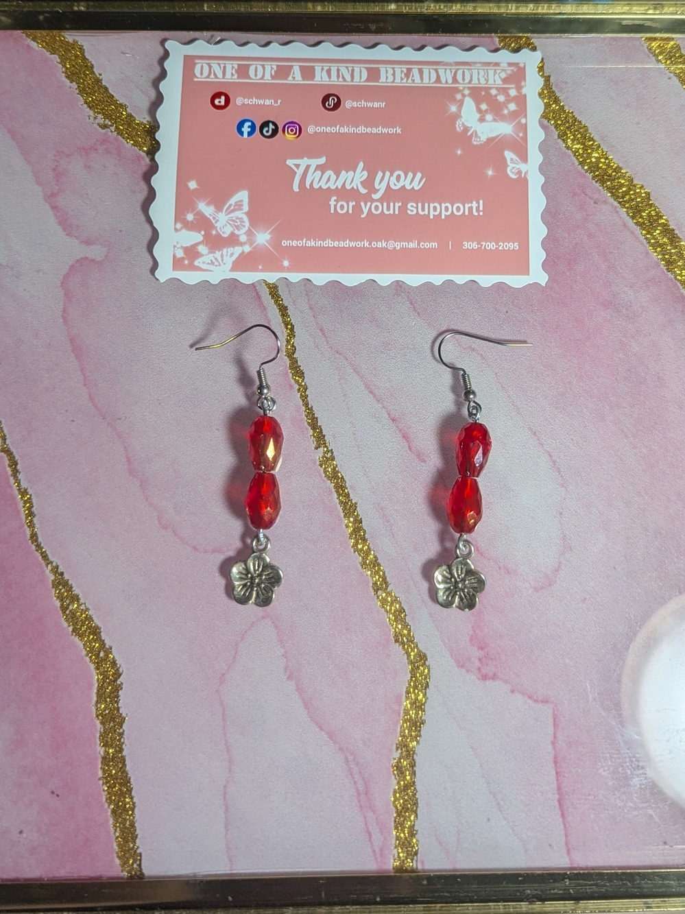 Red Beaded Dangle Earrings with Silver Flower Charm